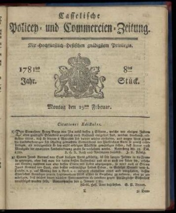 1781tes Jahr. 8tes Stück. Montag den 19ten Februar