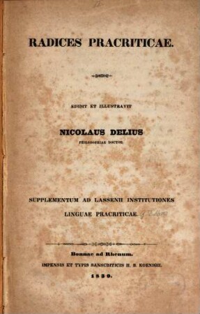 Radices Pracriticae : supplementum ad Lasseni Institutiones linguae Pacriticae