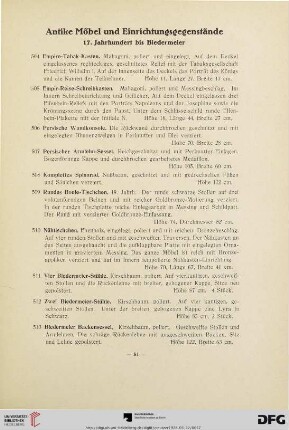 Antike Möbel und Einrichtungsgegenstände 17. Jahrhundert bis Biedermeier (Nr. 504-552)