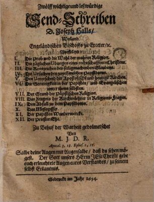 Zwölff wichtige und leßwürdige Send-Schreiben D. Joseph Halls ...