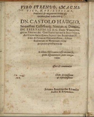 Viro Strenuo, Magnifico, Nobilissimo, [...] Dn. Castolo Haugio, [...]