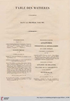Table des Matières contenues dans le premier volume