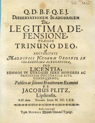 Dissertationem Inauguralem De Legitima Defensione