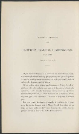 Exposición universal é internacional de Gante : Museo Social Argentino - (Abril á Noviembre 1913)