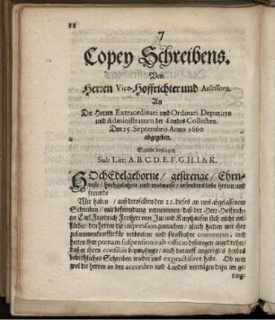 7. Copey Schreibens ... Sambt beylagen Sub Litt: A. bis K