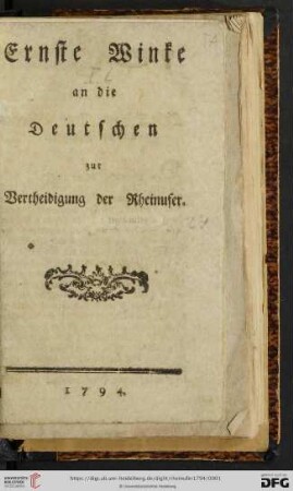 Ernste Winke an die Deutschen zur Vertheidigung der Rheinufer