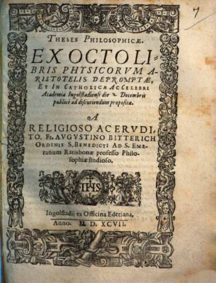 Theses philosophicae ex octo libris Physicorum Aristotelis depromptae ...