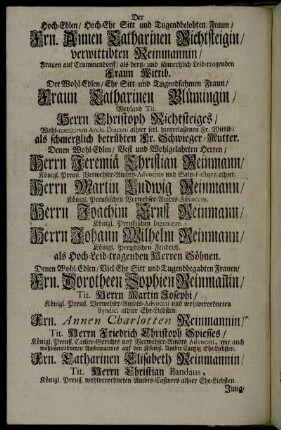 Der Hoch-Edlen/ Hoch-Ehr Sitt und Tugendbelobten Fraun/ Frn. Annen Catharinen Richtsteigin/ verwittibten Reinmannin/ Frauen auf Crummendorff/ als hertz- und schmertzlich Leid-tragenden Fraun Wittib. Der Wohl-Edlen/ Ehr Sitt- und Tugendsahmen Fraun/ Fraun Catharinen Blümingin/ Weyland Tit. Herrn Christoph Richtsteiges/ Wohl-meritirten Archi-Diaconi alhier seel. hinterlassenen Fr. Wittib/ [...]