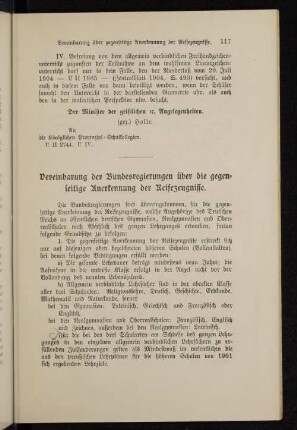 Vereinbarung der Bundesregierungen über die gegenseitige Anerkennung der Reifezeugnisse.
