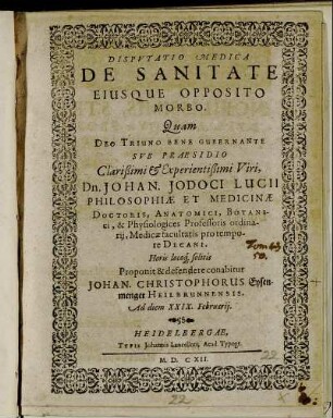 Disputatio Medica De Sanitate Eiusque Opposito Morbo