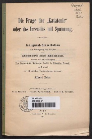 Die Frage der "Katatonie" oder des Irreseins mit Spannung