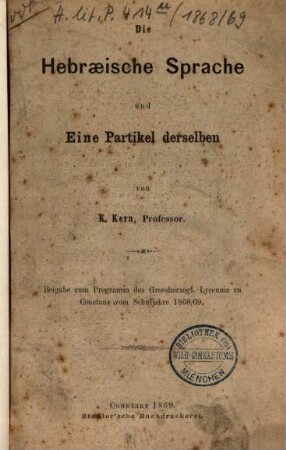 Programm des Grossherzoglichen Lyceums in Constanz : vom Schuljahre ..., 1868/69