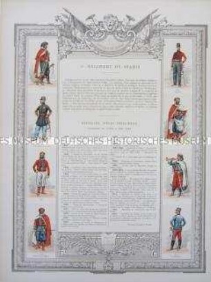 Uniformdarstellung, Rüstungen und Uniformen von Soldaten des 2. Sipahi-Reiter-Regiments und Zeittafel von Schlachten und Belagerungen mit Beteiligung dieses Regiments, Frankreich, 1836-1893.