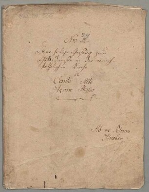 Masses, V (4), Coro, C-Dur - BSB Mus.ms. 7555 : [dust cover title:] Nro: 12 [number stroke through with pencil, replaced with "29"] // Der heilige Gesang zum // Gottesdienste in der römisch- // katholischen Kirche. // à // Canto Alto // Tenore Basso // [at bottom right:] Ad me Petrum // Hueber