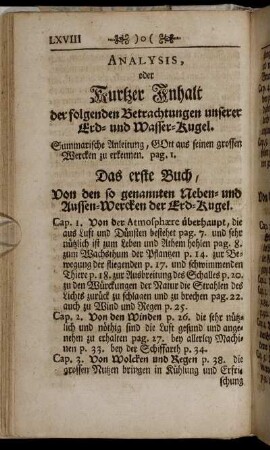 Analysis, oder Kurtzer Inhalt der folgenden Betrachtungen unserer Erd- und Wasser-Kugel.