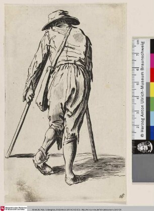 [Der Bettler mit den Krücken, von hinten gesehen; Le Mendiant aux béquilles coiffé d'un chapeau]