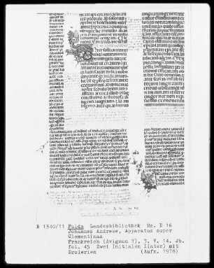 Johannes Andreae, Apparatus super Clementinas — Initiale I (nter) in Gestalt eines drachenartigen Wesens, Folio 45recto