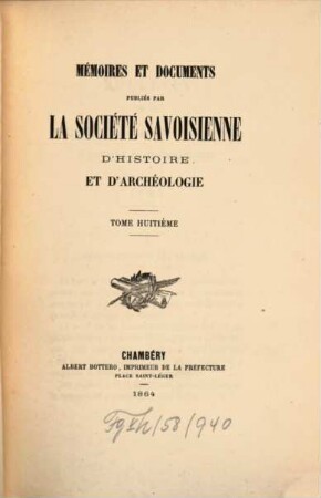 Mémoires et documents. 8. 1864
