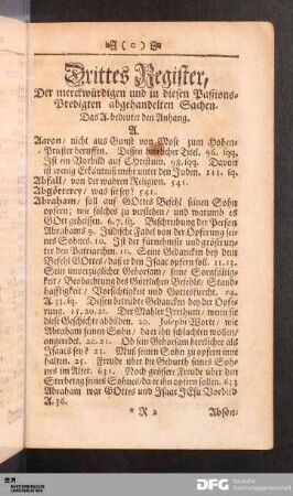 Drittes Register, Der merckwürdigen und in diesen Paßions-Predigten abgehandelten Sachen.