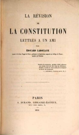 La révision de la constitution : Lettres à un ami