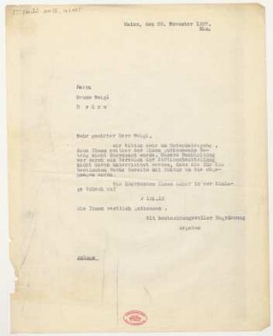 Brief an Bruno Weigl : 28.11.1927