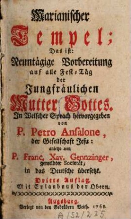 Marianischer Tempel; Das ist: Neuntägige Vorbereitung auf alle Fest-Täg der Jungfräulichen Mutter Gottes