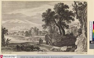 [Flusslandschaft mit einigen Personen auf einem Steg und Hirten mit ihrer Herde am anderen Ufer]