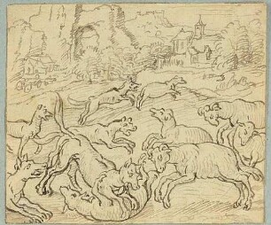 Wölfe und Schafe, Nachzeichnung einer Illustration in De warachtighe Fabulen der Dieren. Brügge 1567, S. 76