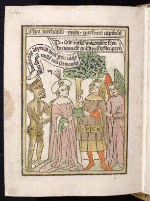 7. Gebot (Du sollst nicht ehebrechen). Teufel, junge Frau mit ihrem Buhler, Engel