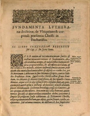 Fundamenta Lutheranae doctrinae de Ubiquitate ... in Eucharistia : Ex orthodoxo consensu, Conra Partes Bergenses. 1