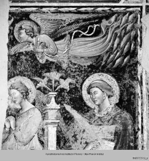 Heiliger Stephanus (?), Johannes der Täufer, Engel und Apostel