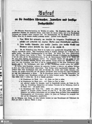 Aufruf an die deutschen Uhrmacher, Juweliere und sonstigen Fachgeschäfte!