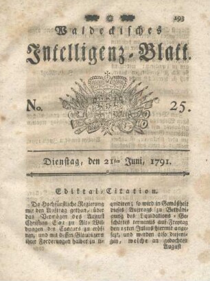 No. 25, Dienstag, den 21ten Juni, 1791