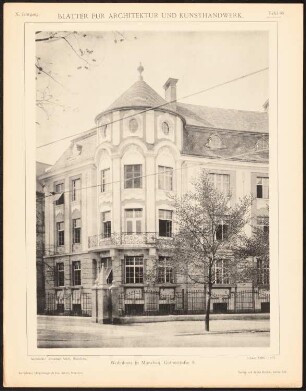 Wohnhaus Goethestraße, München: Ansicht (aus: Blätter für Architektur und Kunsthandwerk, 10. Jg., 1897, Tafel 86)