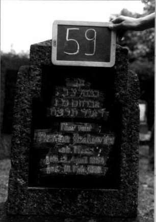 Grabstein 59 (Index: 100110276) Material: Granit, Schriftplatte Marmor Zustand: leicht verwittert Maße HxBxT: 130x54x27 cm Beschreibung: Stele, Sockel, obeliskenartiger Abschluß, Schriftplatte mit eingezogenem falchen Abschluß: Grabstein 59 (Detailaufnahme)