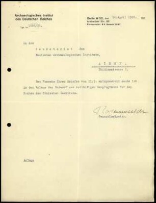 G. Rodenwaldt an DAI Athen