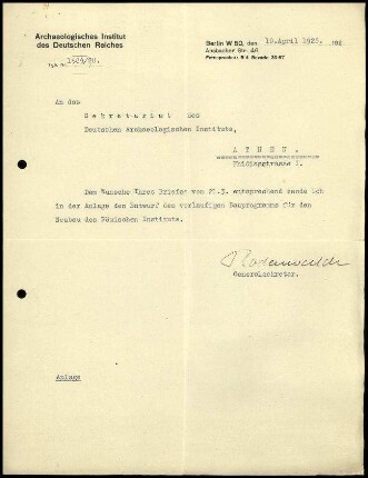 G. Rodenwaldt an DAI Athen