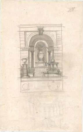 Lange, Ludwig; Skizzenblätter - u. a. Säule mit Vase, Vase (Ansicht)