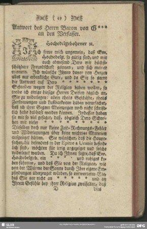 Antwort des Herrn Baron von G*** an den Verfasser