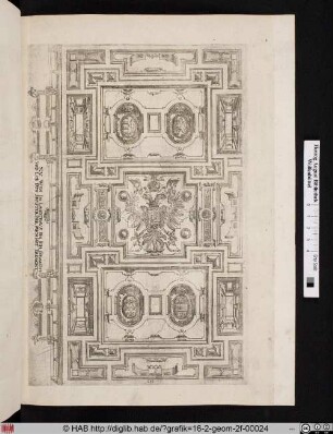 Perspektivische Deckendekoration mit Doppeladler und verschiedenen Wappen.