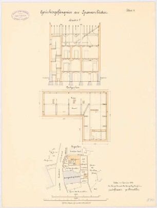 Gerichtsgefängnis, Großenlüder: Lageplan 1:500; Grundriss Dachgeschoss, Längsschnitt 1:100
