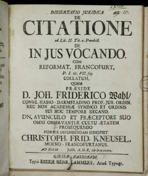 Dissertatio Juridica De Citatione : ad Lib. II. Tit. 4 Pandect. De In Jus Vocando ...