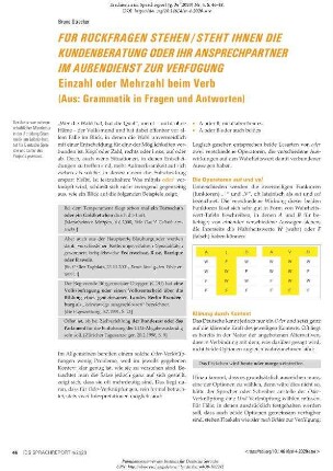 Für Rückfragen stehen / steht Ihnen die Kundenberatung oder Ihr Ansprechpartner im Außendienst zur Verfügung. Einzahl oder Mehrzahl beim Verb (Aus: Grammatik in Fragen und Antworten)