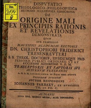 Dispvtatio Theologico-Philosophica Methodo Scientifica Conscripta De Origine Mali Ex Principiis Rationis Et Revelationis Demonstrata