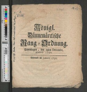 Königl. Dännemarckische Rang-Ordnung : Copenhagen, den 13ten Decembr. Anno 1730