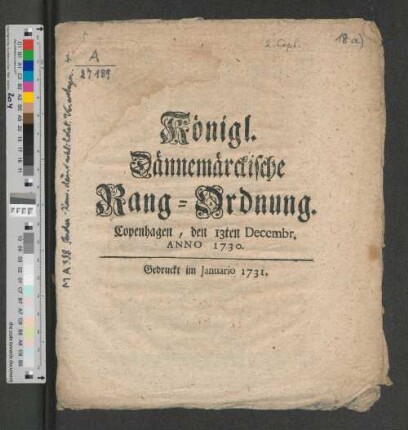 Königl. Dännemarckische Rang-Ordnung : Copenhagen, den 13ten Decembr. Anno 1730