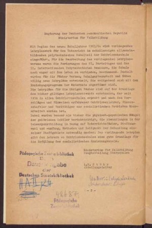 Regierung der Deutschen Demokratischen Republik / Ministerium für Volksbildung