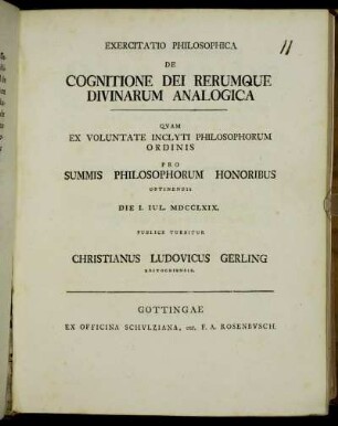 Exercitatio Philosophica De Cognitione Dei Rerumque Divinarum Analogica