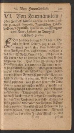 VI. Von Feurmännlein/ oder Feur-Männle ... Irrwischen Tückebolden ... auffsteigendem Feur ...
