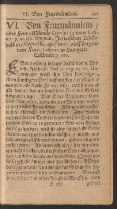 VI. Von Feurmännlein/ oder Feur-Männle ... Irrwischen Tückebolden ... auffsteigendem Feur ...